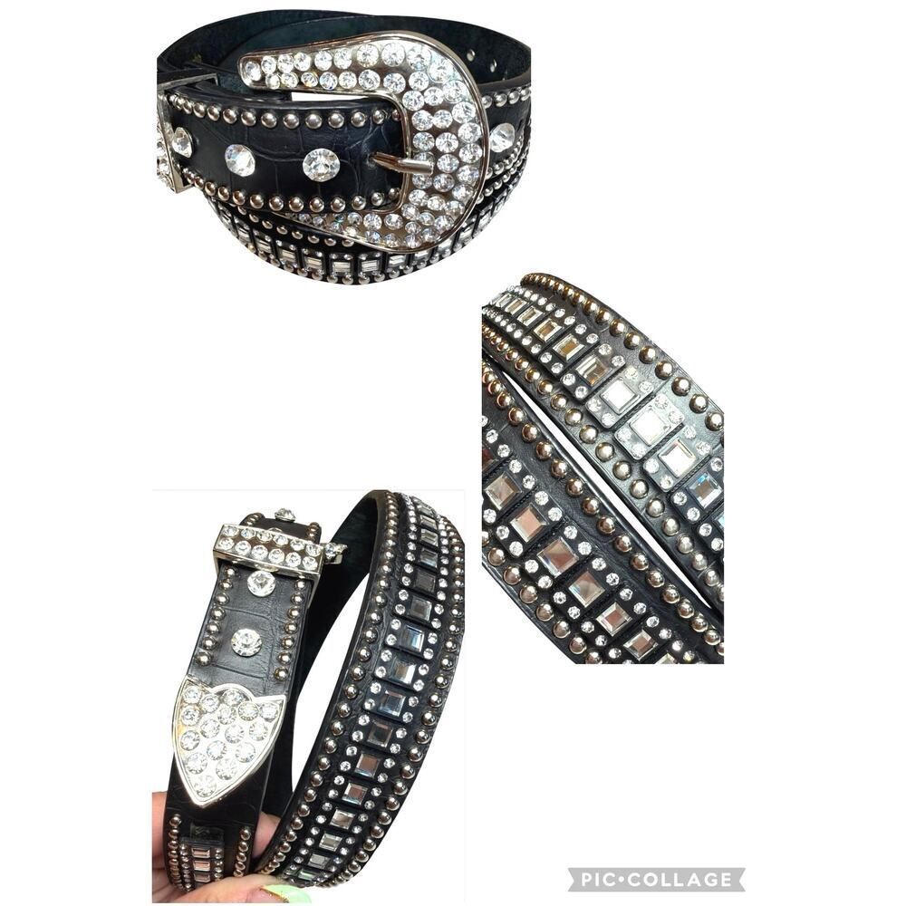 Western Rhinestone Crystal Belt Black Genuine Leather Croc Embossed Studded SM